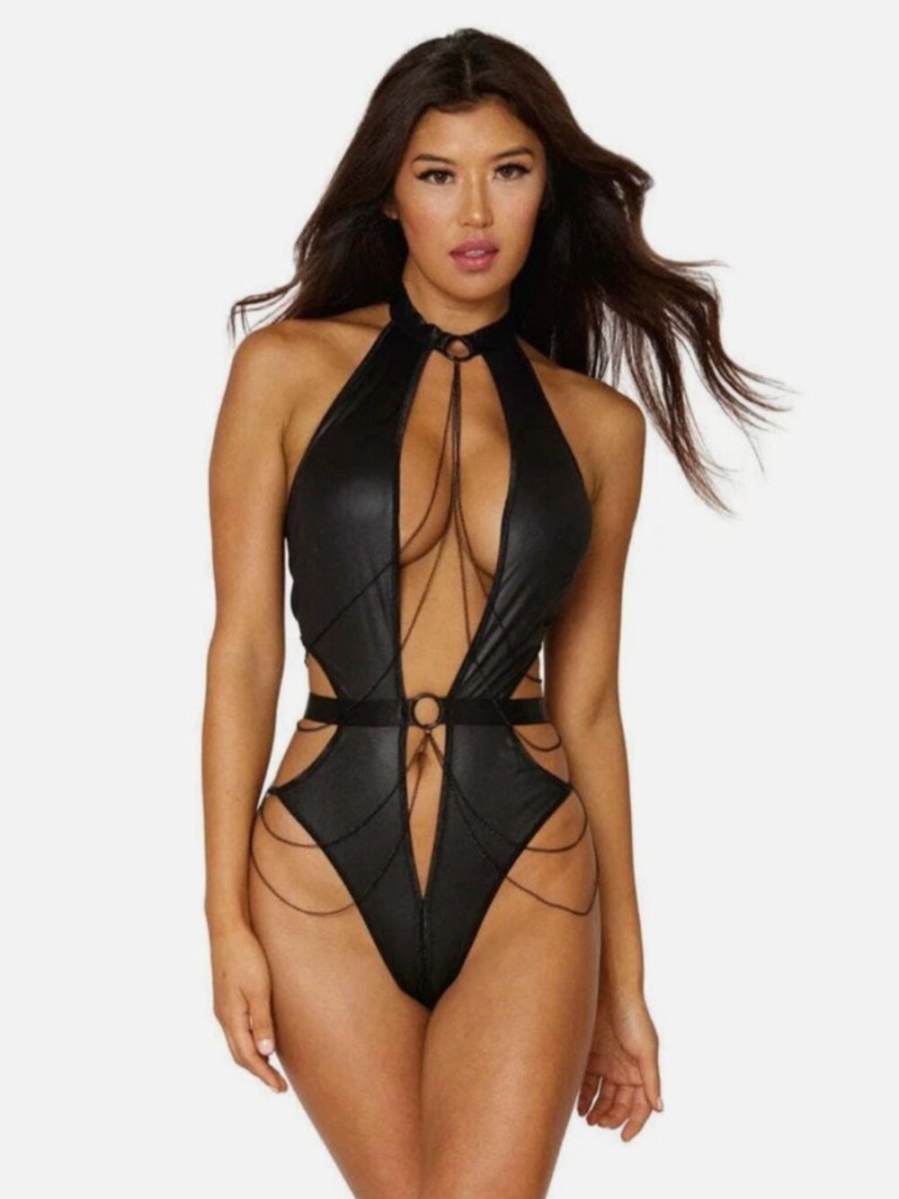 Dreamgirl Black Faux Leather Chain Teddy Open Crotch One Size 12805
